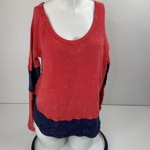 We the Free People Thermal Top Blue Red Stripe Size Medium